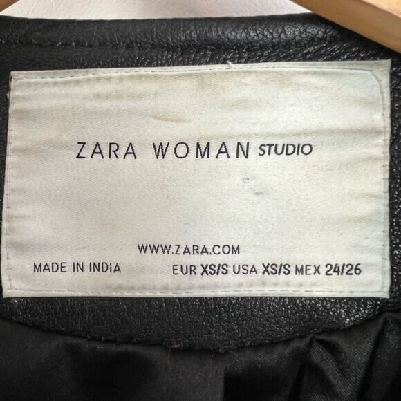 Zara Studio Women’s XS/S Black Goat Leather Motorcycle Jacket Oversized Rock - Picture 15 of 16